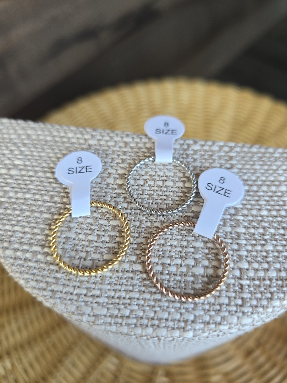 NWT 18K 3pc Twisted Stackable Ring Set - Gold, Rose Gold & Silver - Size 8
